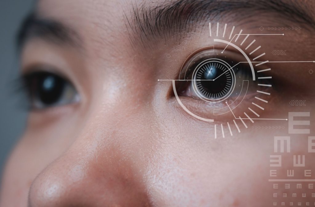 Close-up of a person's eye with a digital reticule around their cornea.