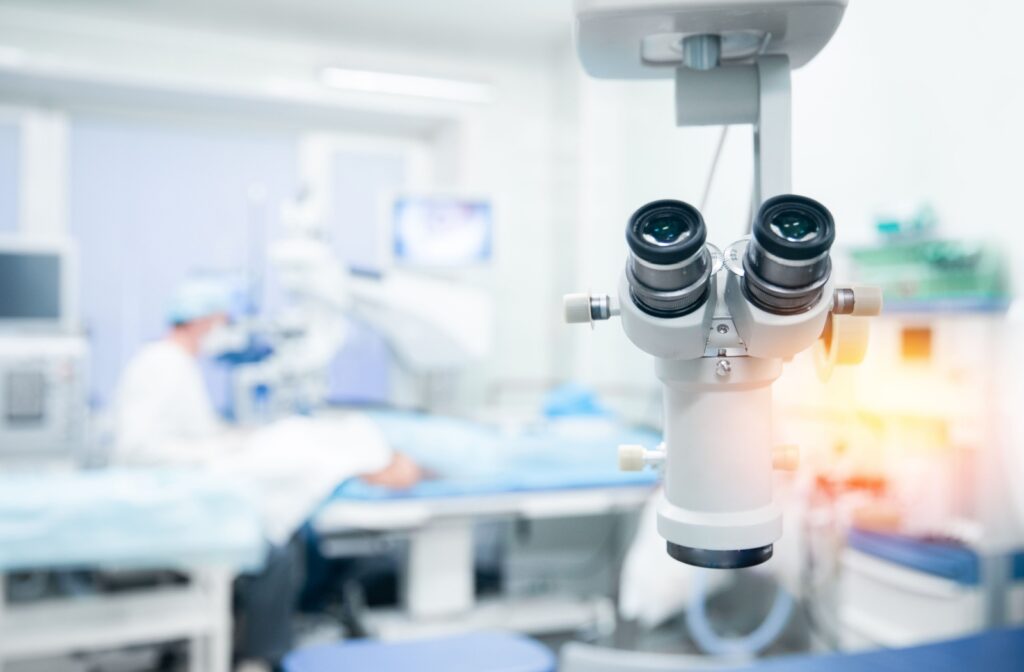 Close-up of LASIK eye surgery machine in a bright surgery room