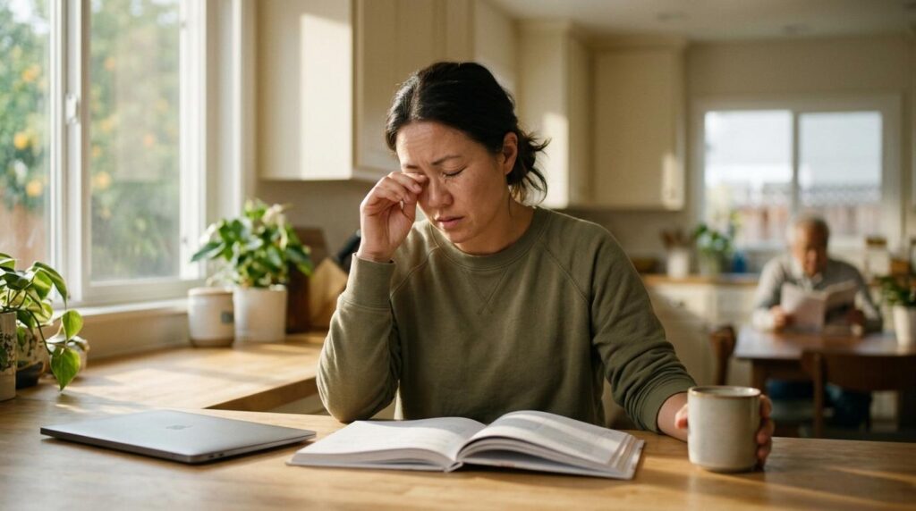 Adult rubbing their tired eyes, showing vision problems caused by a lack of sleep.
