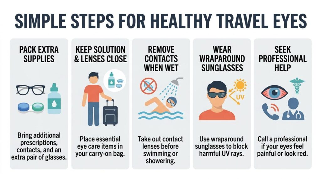 An infographic highlighting simple steps for healthy travel eyes, including packing extra supplies, keeping essentials in your carry-on, remove contacts before swimming or showing, wearing sunglasses, and seek help from a professional if needed.