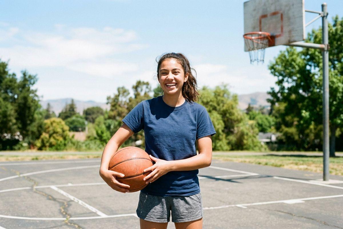 Smiling teen holding a basketball on an outdoor court, with a hoop visible in the background on a sunny day.
