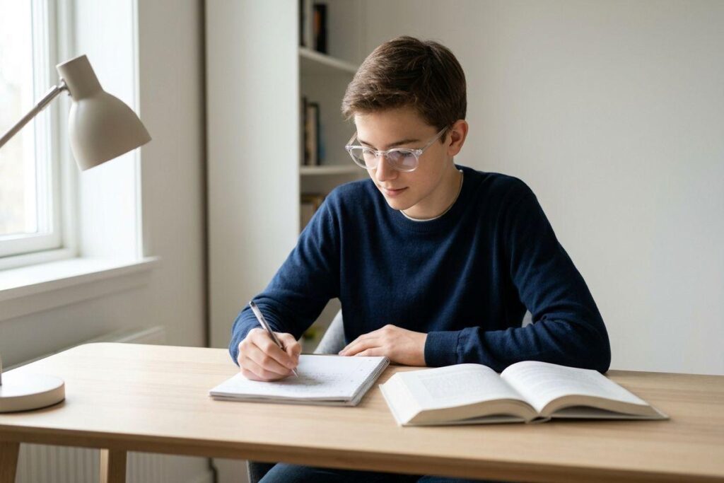 Teen wearing glasses writing in a notebook at a wooden desk, with an open book beside them and a desk lamp nearby.
