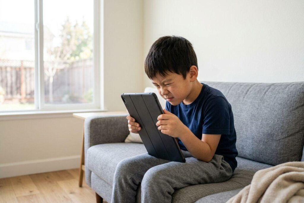 Child sitting on a gray sofa, squinting while holding a tablet close to their face in a bright living room.
