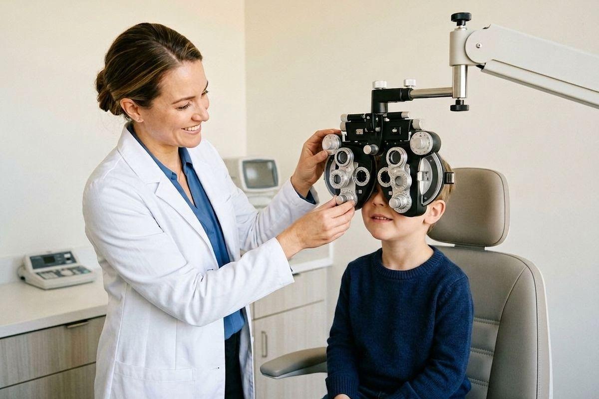 Smiling optometrist adjusting a phoropter over a child's eyes during an eye exam in a clinic.