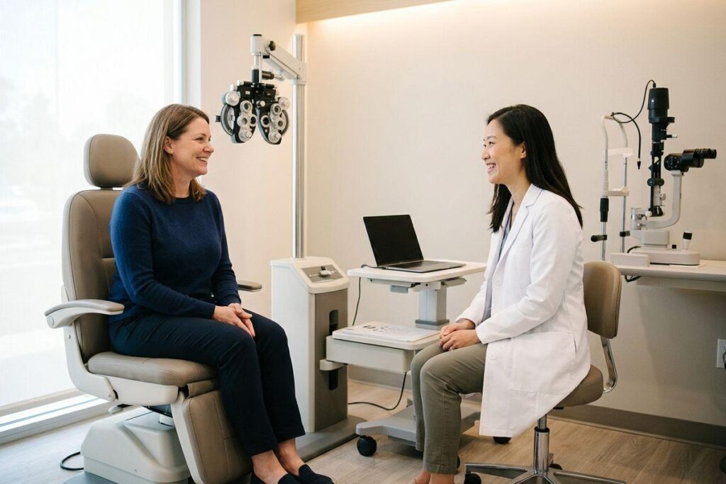 Optometrist and patient smiling during a consultation in an eye exam room with a phoropter and slit lamp visible.