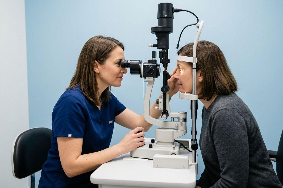 Optometrist examines a patient's eye using a slit lamp in a clinic exam room.