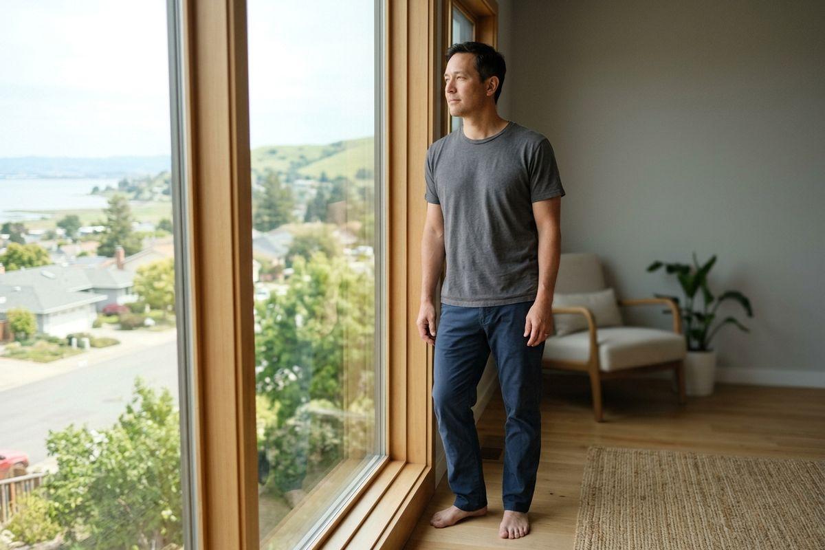 Adult standing barefoot by large windows in a living room, gazing outside at a neighborhood and distant hills.