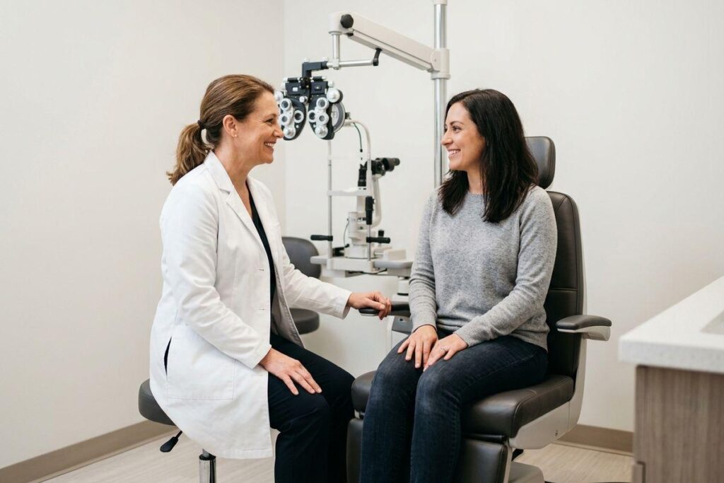 Optometrist smiling and talking with a patient seated in an exam chair, with a phoropter and slit lamp visible behind them.